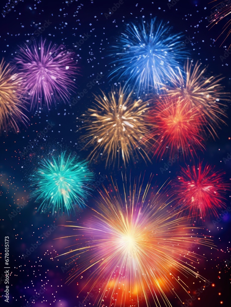 Bright fireworks with bokeh background, lots of salutes in the beautiful night sky New Year celebration, Abstract holiday background