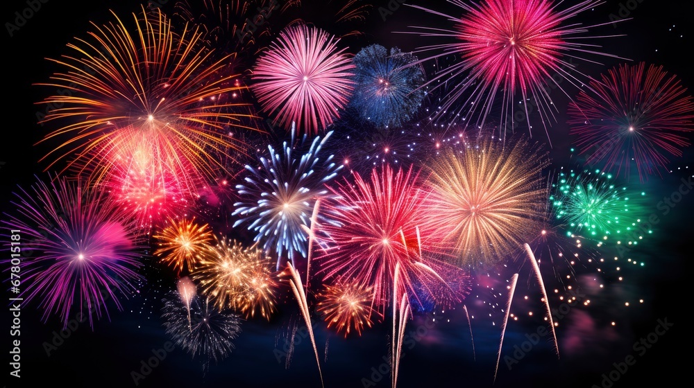 Bright fireworks with bokeh background, lots of salutes in the beautiful night sky New Year celebration, Abstract holiday background