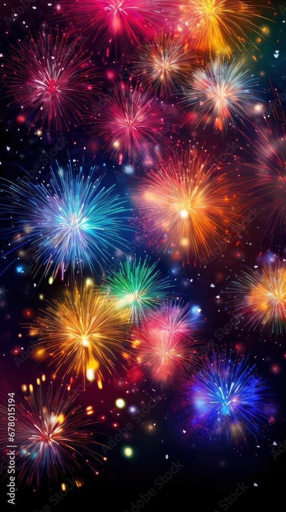 Bright fireworks with bokeh background, lots of salutes in the beautiful night sky New Year celebration, Abstract holiday background Bright fireworks with bokeh background, lots of salutes in the beautiful night sky New Year celebration, Abstract holiday background