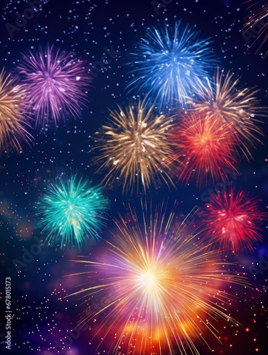 Bright fireworks with bokeh background, lots of salutes in the beautiful night sky New Year celebration, Abstract holiday background