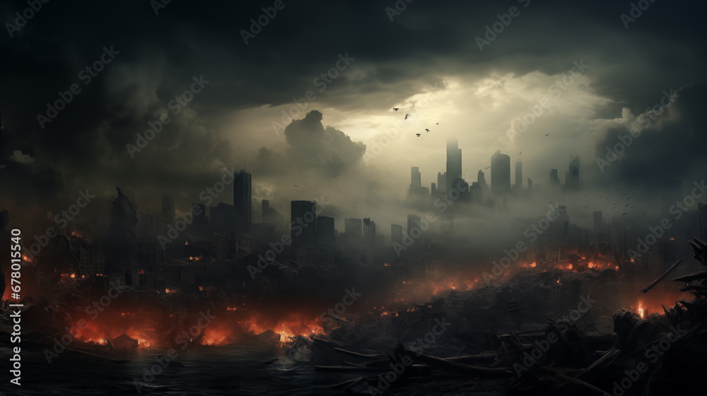 Aftermath of a war/cataclysm in a big city. Apocalypse, grim mood, end of days. AI generated.