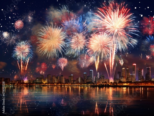Bright fireworks, very many salutes on the background of a beautiful night sky with city panorama