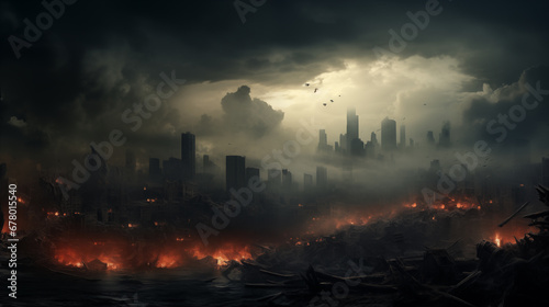 Aftermath of a war cataclysm in a big city. Apocalypse  grim mood  end of days. AI generated.