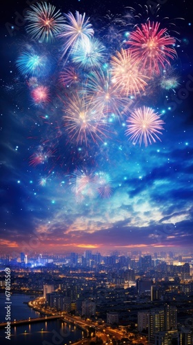 Bright fireworks, very many salutes on the background of a beautiful night sky with city panorama