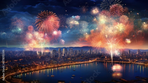 Bright fireworks, very many salutes on the background of a beautiful night sky with city panorama