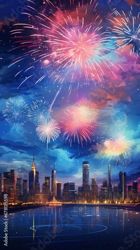 Bright fireworks, very many salutes on the background of a beautiful night sky with city panorama © shooreeq