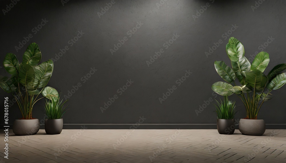 Contemporary Zen: 3D Rendering of a Room with Dark Walls and Plants Contemporary Zen: 3D Rendering of a Room with Dark Walls and Plants