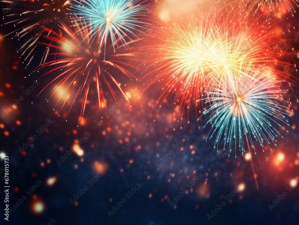 Fototapeta premium Bright fireworks with bokeh background, lots of salutes in the beautiful night sky New Year celebration, Abstract holiday background