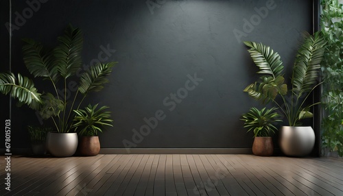 Urban Oasis: 3D Rendering of a Dark-Walled Room with Potted Plants