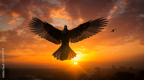 Silhouette pigeon returning, coming to hands in air. © Cybonix