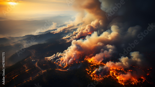 Intense Mountain Forest Wildfire: Dramatic Scenes of Nature's Fury, Environmental Crisis, and Emergency Response. High-Quality Images of Wildfires Devouring the Wilderness. Illustrations Depicting the