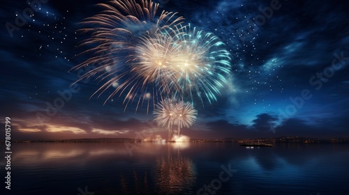 Firework explosion in the beautiful night sky celebrating happy new year 2024