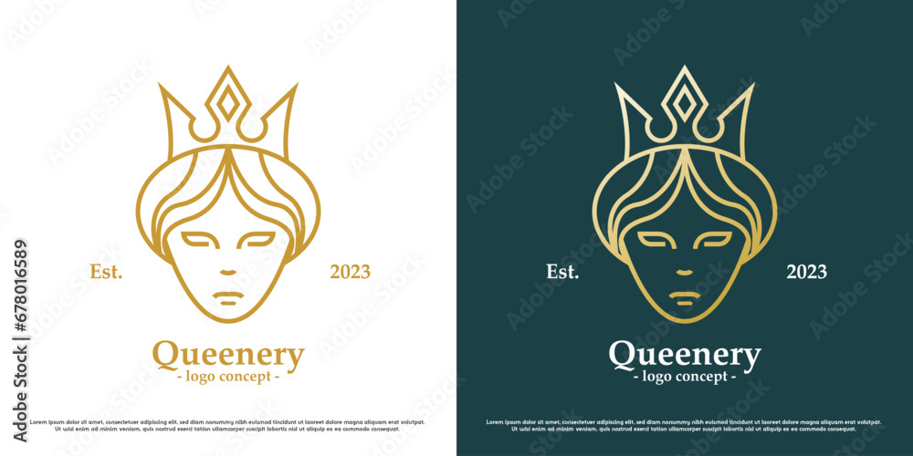 Royal queen logo design illustration. Silhouette of a royal queen's crown, beauty model of a fairy ancestral female princess. Heraldic icon symbol simple elegant glamor modern gradient luxury classy. - obrazy, fototapety, plakaty 