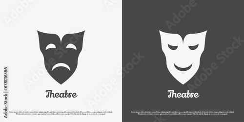 Theater mask logo design illustration. Silhouette head face mask actor actress cast acting feelings emotions opera drama orchestra party arts entertainment. Minimalist simple happy sad icon symbol.
