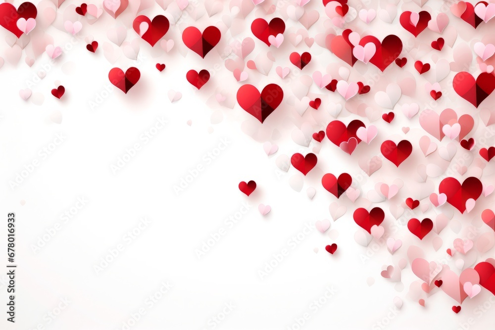 Background for Valentine's Day, wedding. Red and pink confetti hearts on a white background. Copy space.