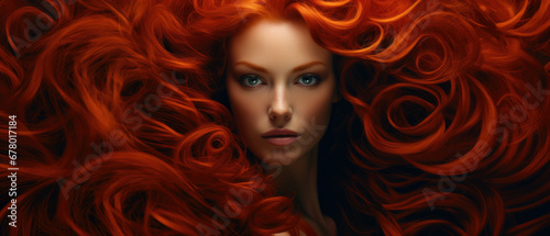 Sensual sexy beauty portrait of a red haired young woman with a healthy shiny long hair in a perfect red hair color. Closeup portrait banner