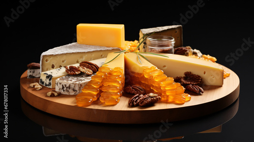 Sliced cheese variety with honey.
