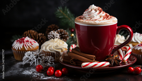Red cup of hot chocolate topped with whipped cream, beside festive candy and cupcakes.