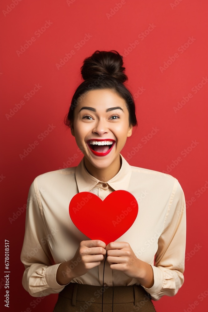 Portrait of a happy woman with red heart on a red background.Valentine's Day Concept Portrait of a happy woman with red heart on a red background.Valentine's Day Concept