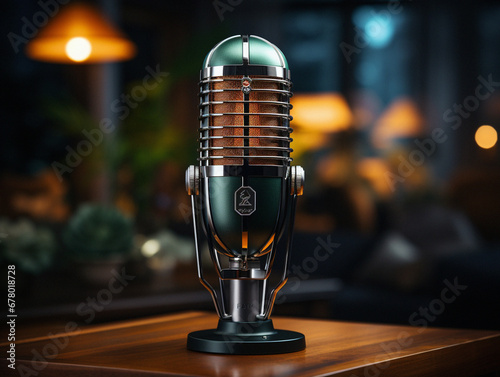 Microphone on the table on dark background, close-up, DSLR Photography