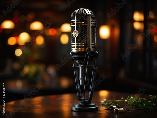 Microphone on the table on dark background, close-up, DSLR Photography