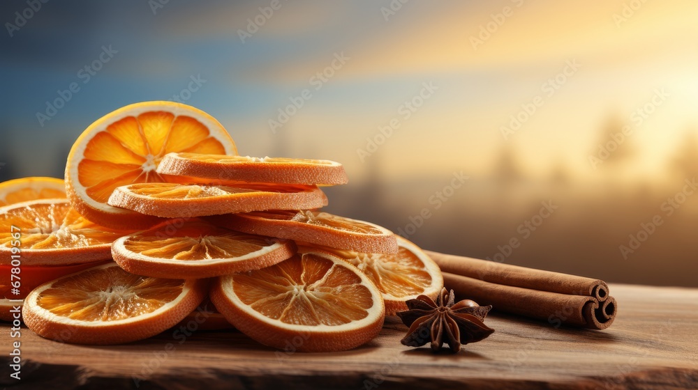 A stack of dried orange slices with cinnamon sticks. AI generate illustration - obrazy, fototapety, plakaty 