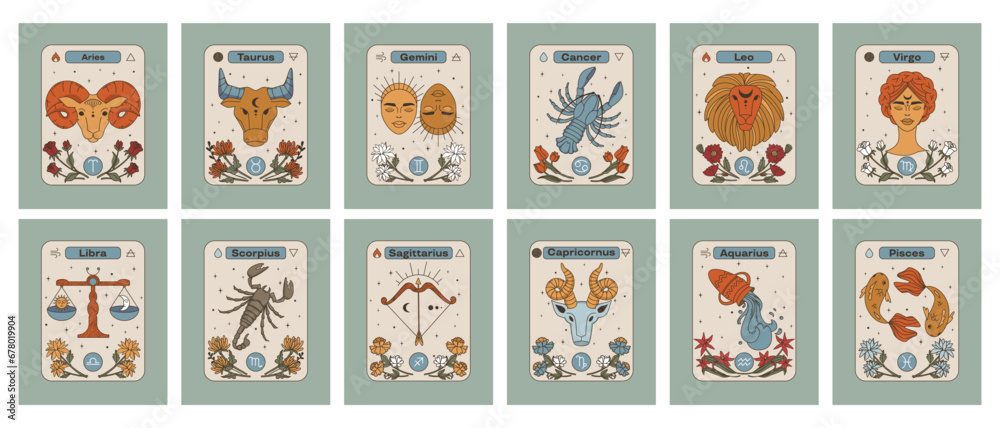 A set of cards with zodiac signs. Astrological zodiac signs in vintage style. 12 horoscope signs. Flat vector illustration. A set of cards with zodiac signs. Astrological zodiac signs in vintage style. 12 horoscope signs. Flat vector illustration.