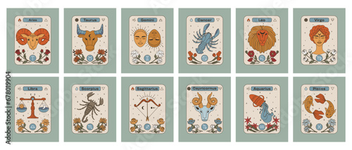 A set of cards with zodiac signs. Astrological zodiac signs in vintage style. 12 horoscope signs. Flat vector illustration.