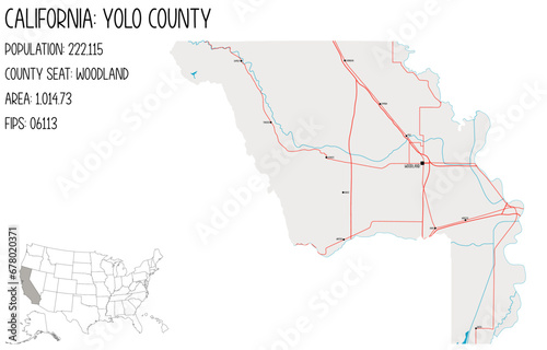 Large and detailed map of Yolo County in California, USA.