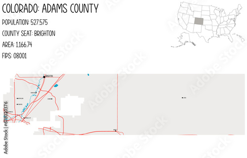 Large and detailed map of Adams County in Colorado, USA.