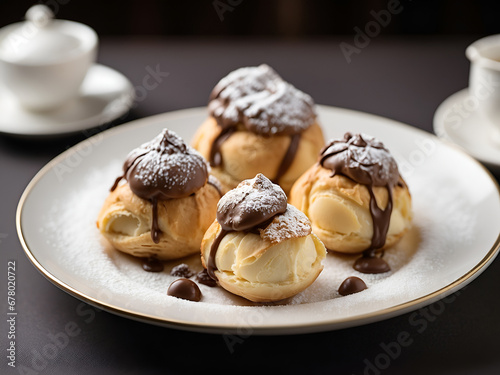 Profiteroles, a delicately crafted plate of pastries filled with rich, creamy goodness, golden-brown pastry shells, perfectly puffed and adorned with a dusting of powdered sugar.	