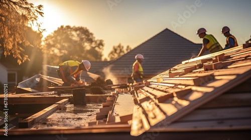 Construction workers installing roof tiles on a new residential construction site at sunset photo