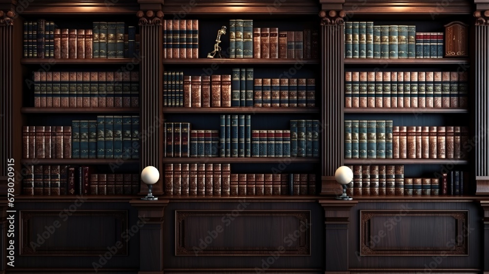 Classical library interior with bookshelves.