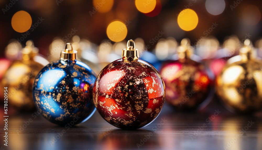 Multicolored Christmas baubles with gold speckles on a reflective surface, bokeh lights behind. Multicolored Christmas baubles with gold speckles on a reflective surface, bokeh lights behind.