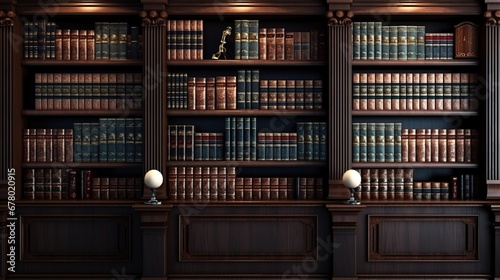 Classical library interior with bookshelves.