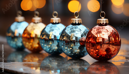 Assorted Christmas baubles in gold  red  blue  and rose gold on a wooden surface with bokeh lights.
