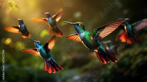 Fly detail, moving wings. White-bellied Woodstar, hummingbird. Bird from Tandayapa, Ecuador. Flying hummingbird in tropical forest. photo