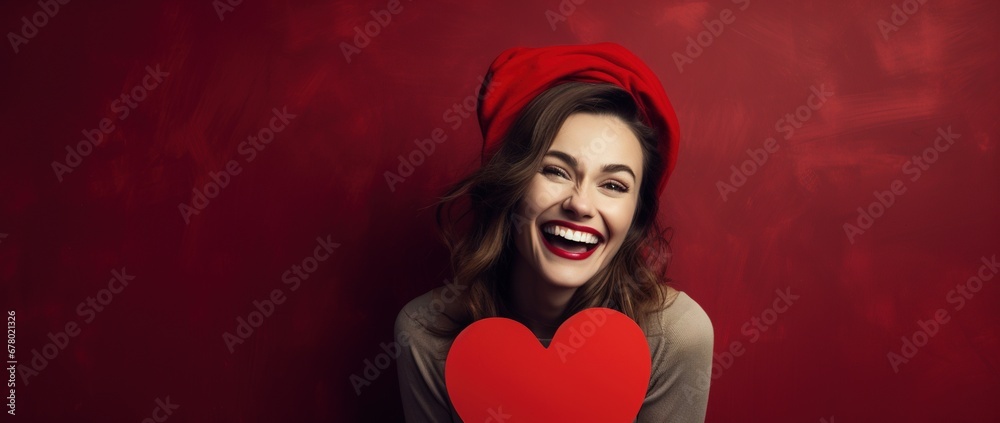 Portrait of a happy woman with red heart on a red background.Valentine's Day Concept Portrait of a happy woman with red heart on a red background.Valentine's Day Concept