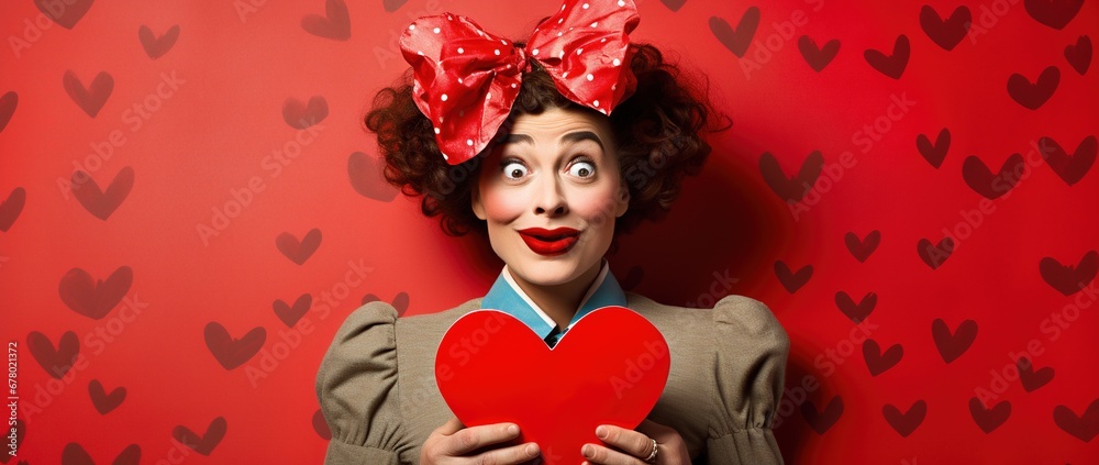 Portrait of a happy woman with red heart on a red background.Valentine's Day Concept Portrait of a happy woman with red heart on a red background.Valentine's Day Concept