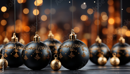 Matte black Christmas baubles with golden glitter designs on a wooden surface with bokeh lights