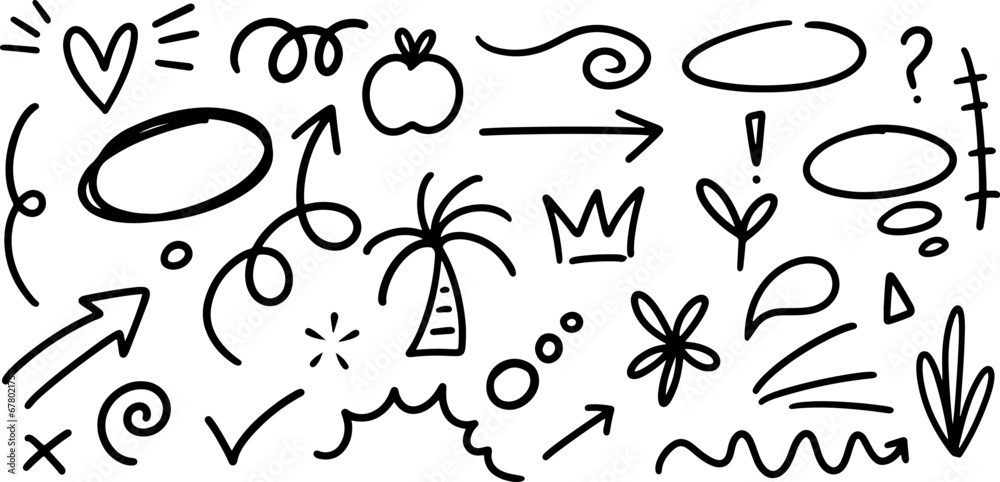 Set of cute pen line doodle element vector. Sketch underline, emphasis, arrow shape set. Children school, kindergarten vector doodle set. Vector illustration.
