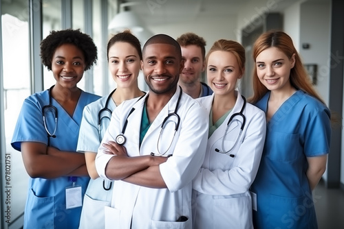 Grupo de enfermeros posando en un hospital photo