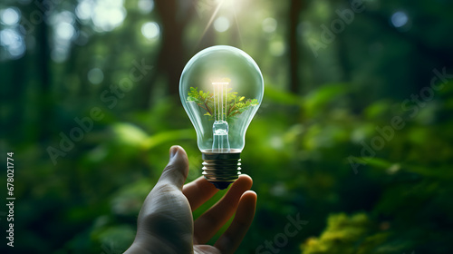 Green Innovation: Hand Holding a Bulb Symbolizing Nature and Sustainable Energy. Eco-Friendly Concepts of Renewable Power, Environmental Conservation, and Innovation, Green energy