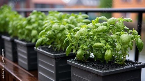 Basil seedlings in plastic pots on wooden table, closeup