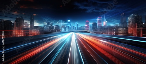 highway with motion blur and modern city at night  abstract background