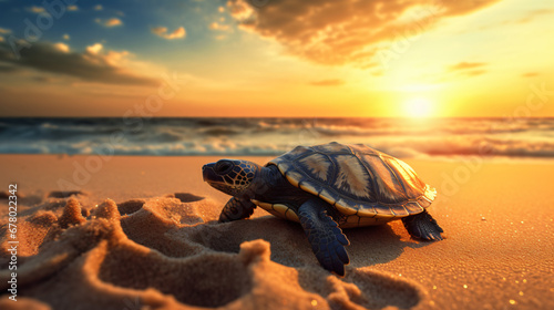 A small turtle on a beach at sunset