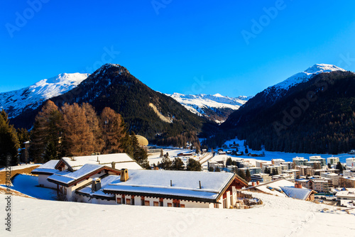 View of famous Davos city in Switzerland at winter