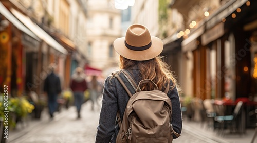 Back view of young woman in hat with backpack walking on the street