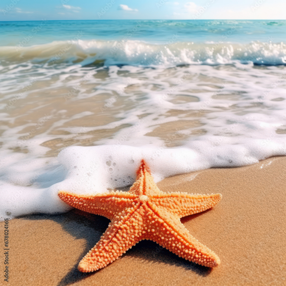 A close-up image of a vibrant starfish on a sandy 
