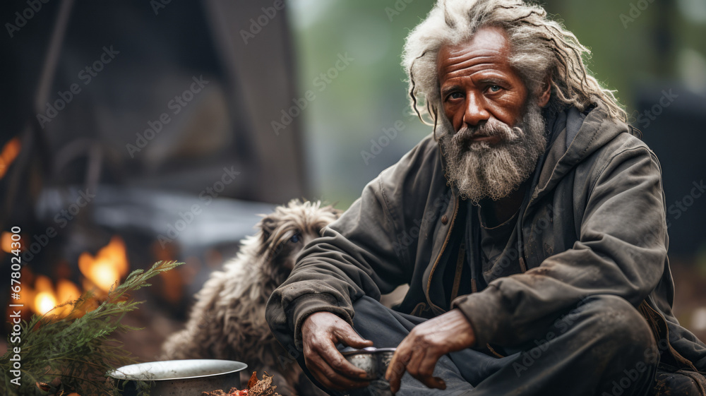 Homeless poor beggar with a dog sits on the street.